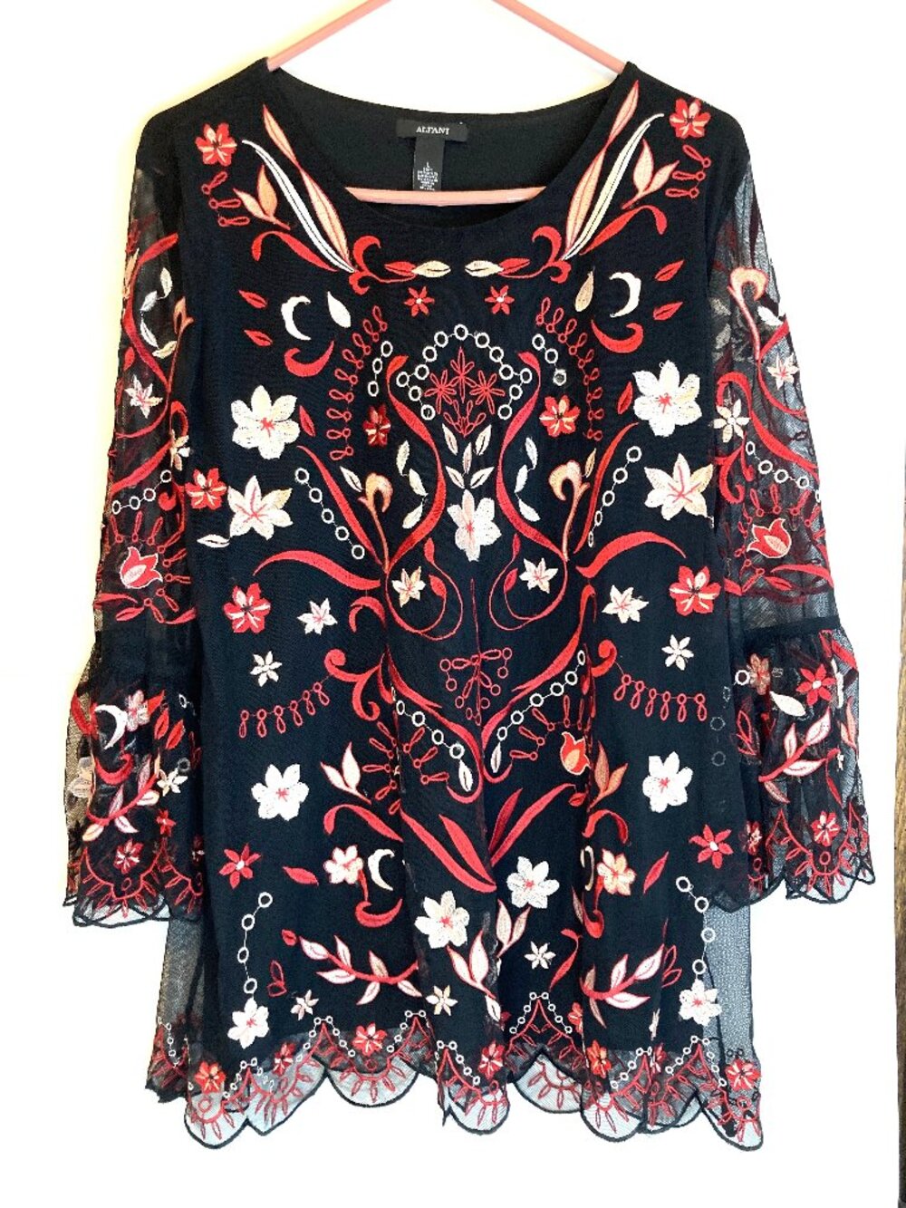 Alfani Black Mesh Tunic-Red, Pink, White Floral Embroidery - Size L
